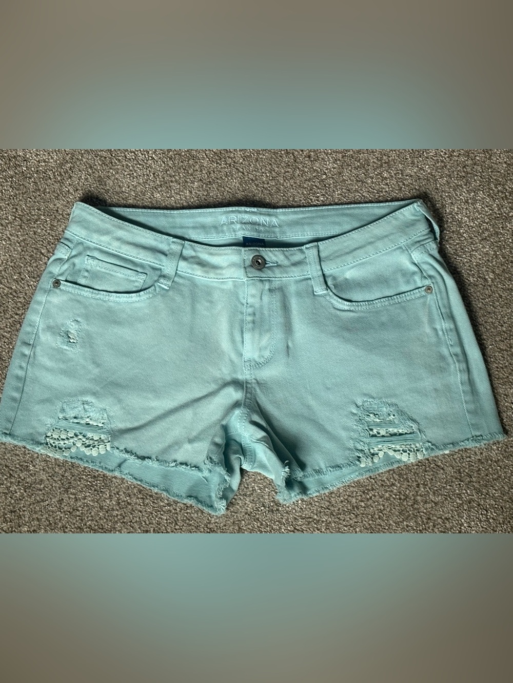 Arizona Jean Company Light Mint Distressed Lace-Trim Denim Shorts NWT!